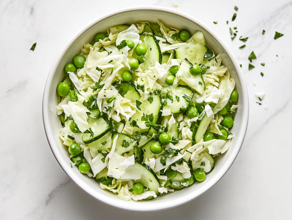 This image shows a vibrant cucumber pea salad in a white round bowl with chopped cabbage and peas, showcasing a fresh and green appearance.