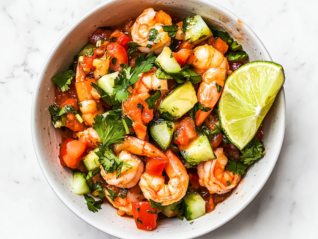 This image shows a beautifully presented Mexican shrimp cocktail in a round white bowl, filled with plump shrimp, diced tomatoes, creamy avocado, and fresh chopped cilantro, with a half-cut lemon on the side.