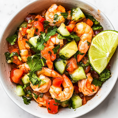This image shows a beautifully presented Mexican shrimp cocktail in a round white bowl, filled with plump shrimp, diced tomatoes, creamy avocado, and fresh chopped cilantro, with a half-cut lemon on the side.