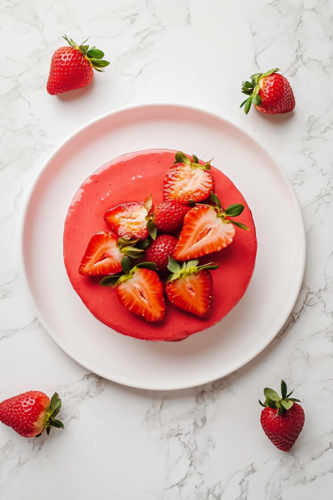 This image shows a vibrant and inviting strawberry cake adorned with pink strawberry gel and fresh half-cut strawberries, highlighting the freshness and sweetness of the fruit.