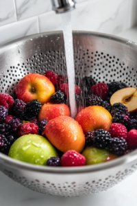 This image shows fresh fruit being washed under running water to ensure it is clean and ready to be used in the Kompot recipe.