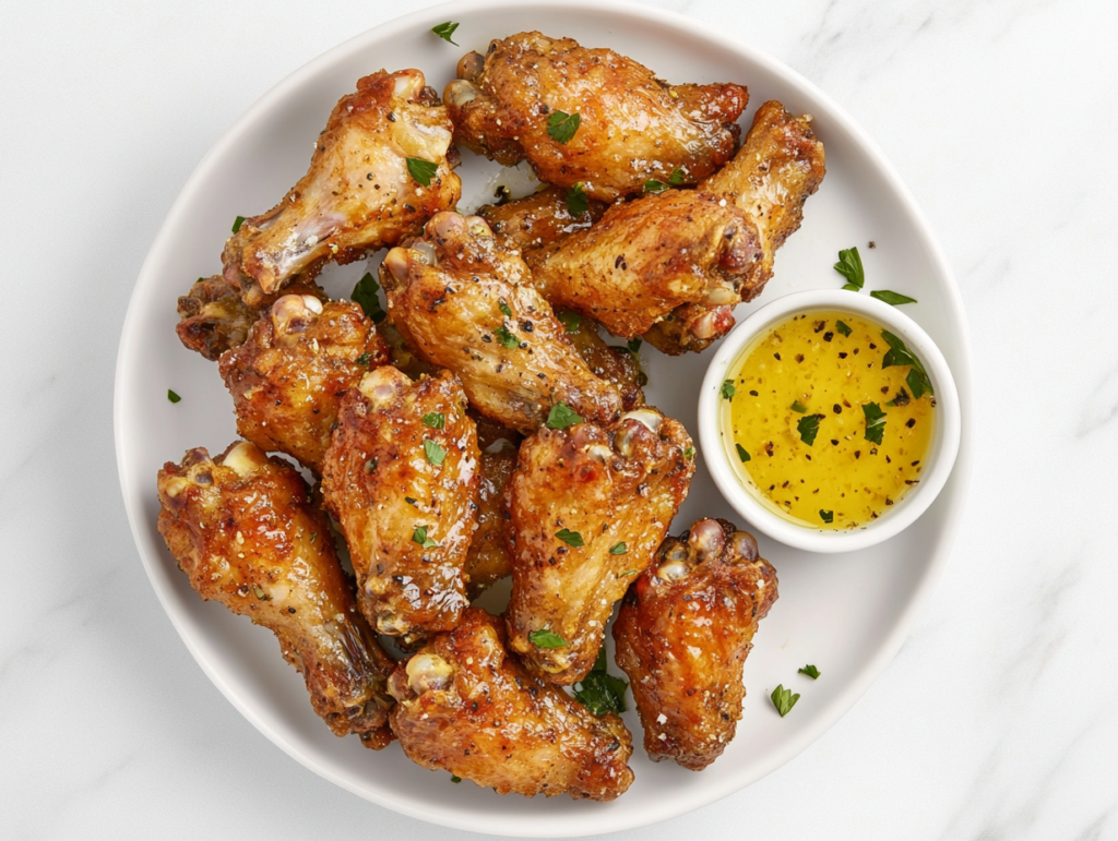 This image shows wet lemon pepper chicken wings arranged on a white round plate, glistening with a flavorful glaze and sprinkled with extra lemon pepper seasoning for a tangy and savory finish.
