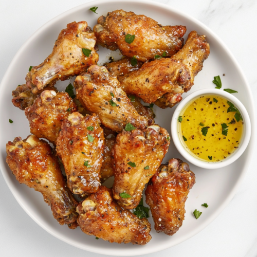 This image shows wet lemon pepper chicken wings arranged on a white round plate, glistening with a flavorful glaze and sprinkled with extra lemon pepper seasoning for a tangy and savory finish.