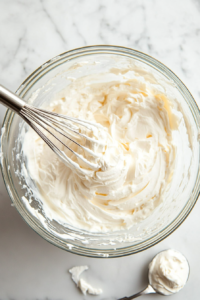 A bowl of cream being whipped to soft peaks, ready to top the strawberry pie.