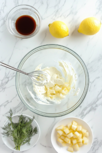 This image shows a mixing bowl filled with mayonnaise, sour cream, finely chopped shallots, lemon zest, and white wine vinegar being whisked together to form a smooth and flavorful base for the crab dip.