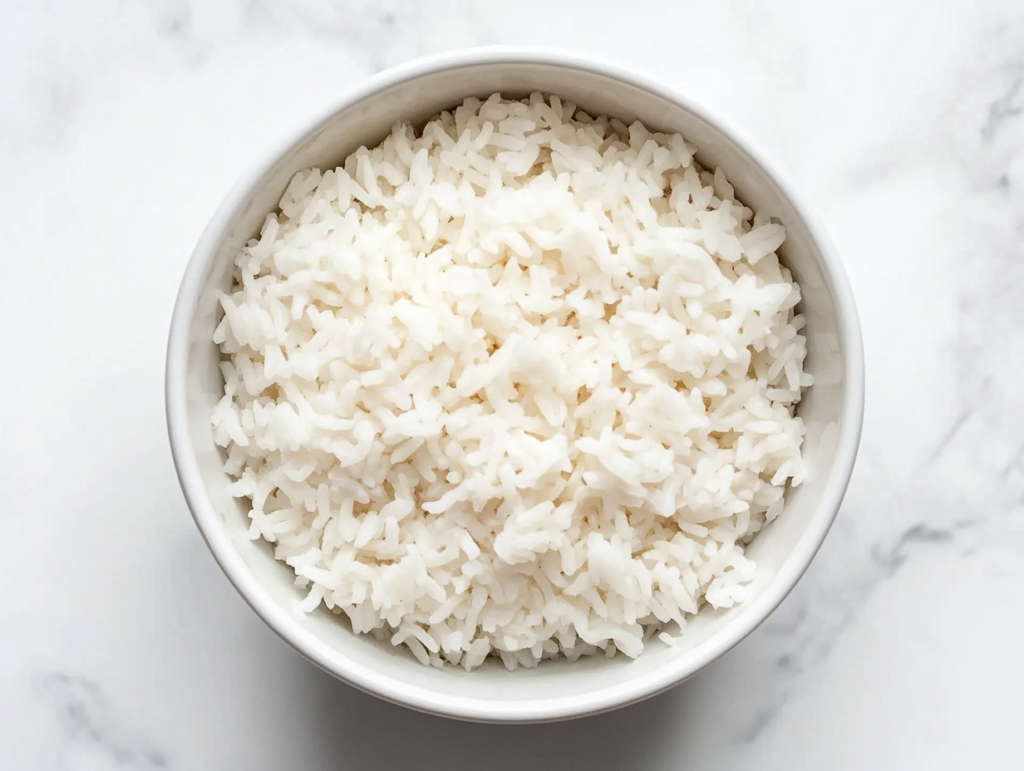 This image shows a bowl of freshly cooked white rice, perfectly separated and soft, served in a round white bowl, ready to be enjoyed.