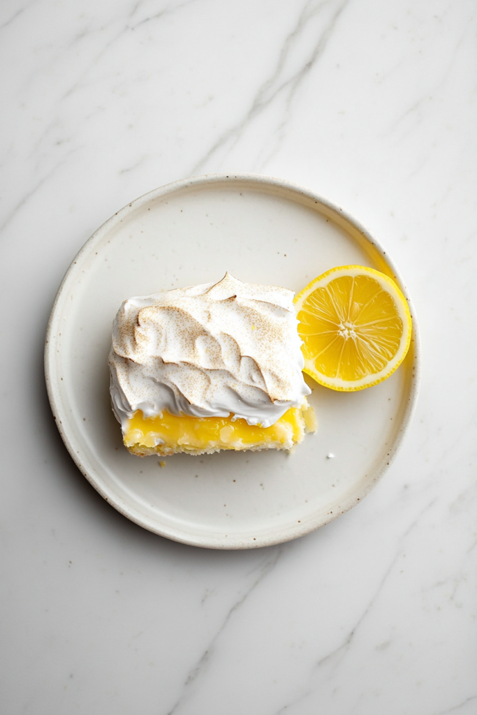 This image features a square-shaped lemon meringue cake, topped with a zesty lemon-flavored icing, offering a refreshing citrusy bite complemented by a light, fluffy texture.