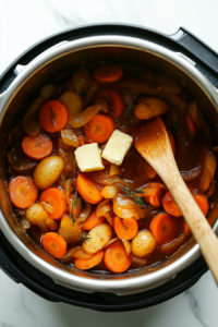 This image shows a pat of butter melting over the potatoes and carrots while fresh herbs are sprinkled on top for added flavor.