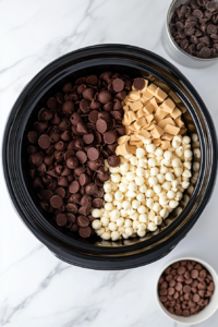 adding-chocolate-chips-and-peanut-butter-chips-to-crock-pot-for-melting-top-down-view