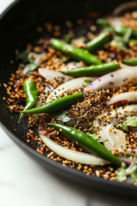 This image shows thinly sliced onions and vibrant green chilies sizzling in a pan, slowly turning golden brown. The chilies add heat while the onions soften and caramelize, creating a rich foundation for the curry.