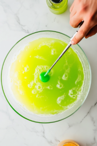 This image shows a few drops of green food coloring being added to the punch mixture. The liquid swirls together, deepening the drink’s enchanting green hue.