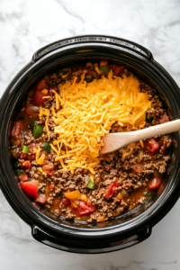 This image shows a Crockpot filled with browned meat, hashbrowns, diced tomatoes with green chiles, cheese soup, taco seasoning, and shredded cheese, all ready to be mixed and slow-cooked.