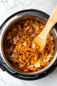 This image shows freshly chopped carrots being added to an Instant Pot with caramelized onions, enhancing the sweetness and texture of the dish.