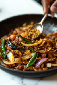 This image shows a vibrant blend of spices, including golden turmeric, earthy coriander, and fiery red chile powder, sprinkled over the sautéed onion-tomato mixture. As they mix in, the curry takes on its signature deep orange-red hue.