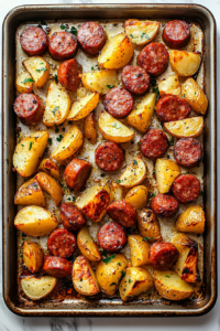 This image shows sliced kielbasa being added to a baking sheet of roasted potatoes, creating a delicious one-pan meal.