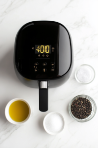 This image shows an air fryer preheating, preparing to cook the potatoes evenly for a crispy exterior and fluffy interior.