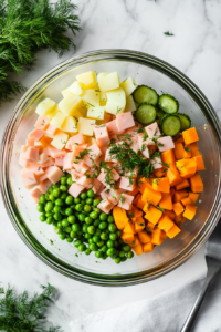 This image shows a large mixing bowl filled with chopped potatoes, carrots, eggs, pickles, peas, and ham, ready to be combined into a delicious salad.