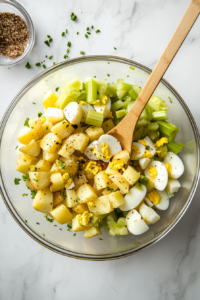 This image shows chopped potatoes, eggs, celery, relish, mayonnaise, mustard, and seasonings being combined in a large mixing bowl.