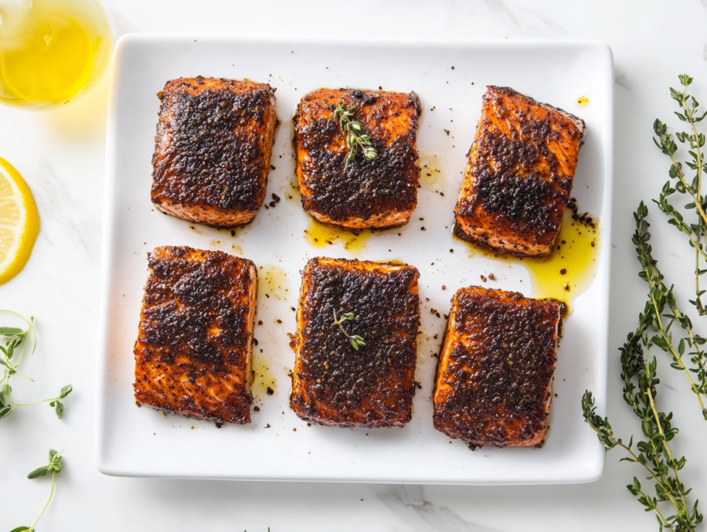 This image shows a perfectly baked blackened salmon fillet with a rich, smoky crust, served on a white round plate, ready to enjoy.