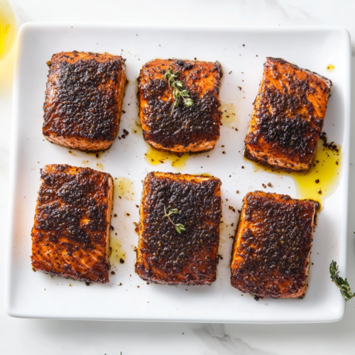 This image shows a perfectly baked blackened salmon fillet with a rich, smoky crust, served on a white round plate, ready to enjoy.