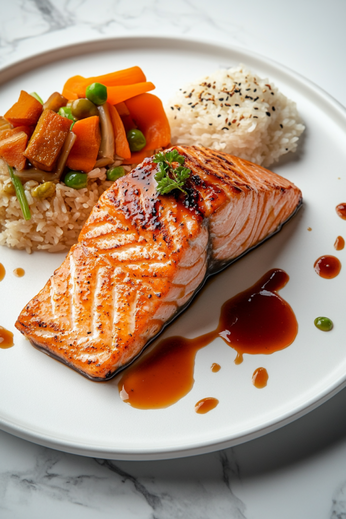 This image shows the finished Hibachi Salmon plated on a white dish, glistening with sauce and ready to be served.