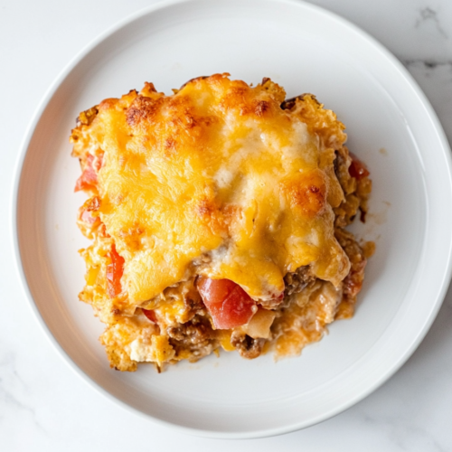 This image shows a hearty serving of cheesy taco hashbrown casserole on a white plate. The dish features layers of browned meat, crispy hashbrowns, diced tomatoes with green chiles, and a rich, melted cheese topping, making it a comforting and flavorful meal.