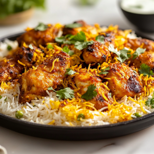 This image shows a plate of Chicken 65 Biryani, with fluffy basmati rice and vibrant, deep red marinated chicken pieces, garnished with fresh cilantro. The dish is steaming hot, served on a white plate, with bold colors and rich aromas.