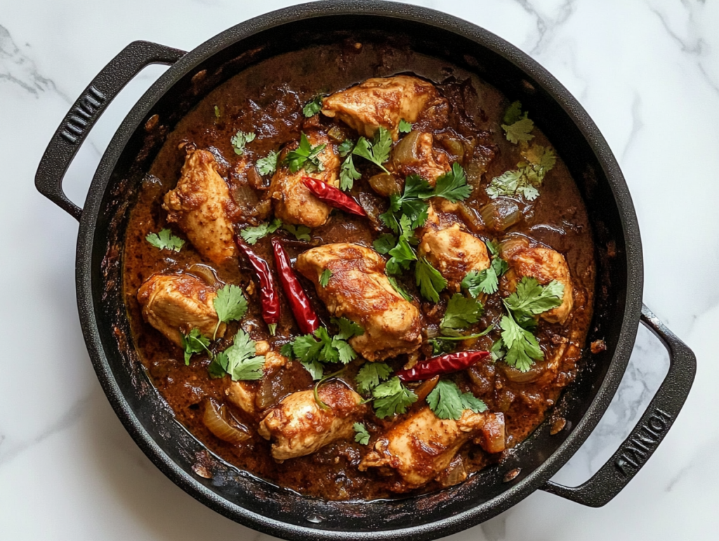 This image shows a sizzling black pan filled with Chicken Karahi, featuring tender, marinated chicken pieces coated in a rich, spiced tomato-based gravy. Fresh green chilies and cilantro are sprinkled on top, adding color and a burst of freshness.