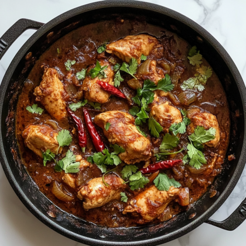 This image shows a sizzling black pan filled with Chicken Karahi, featuring tender, marinated chicken pieces coated in a rich, spiced tomato-based gravy. Fresh green chilies and cilantro are sprinkled on top, adding color and a burst of freshness.