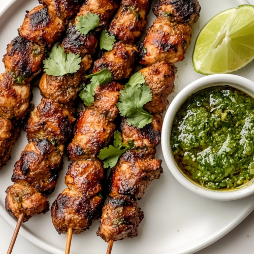 This image shows succulent Chicken Seekh Kababs threaded onto skewers, grilled to a crispy golden-brown exterior while remaining tender inside. A small bowl of chutney sits beside them, enhancing the smoky and spiced flavors.