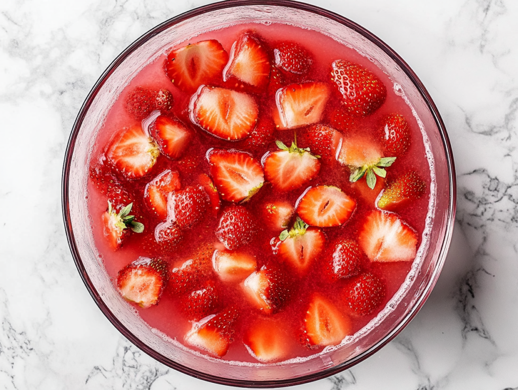 This image shows a vibrant red Strawberry Party Punch served in a round glass bowl, filled with ice and garnished with fresh strawberry slices for a refreshing presentation.