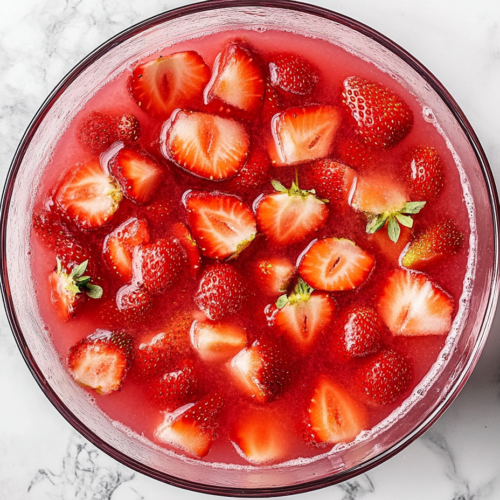 This image shows a vibrant red Strawberry Party Punch served in a round glass bowl, filled with ice and garnished with fresh strawberry slices for a refreshing presentation.