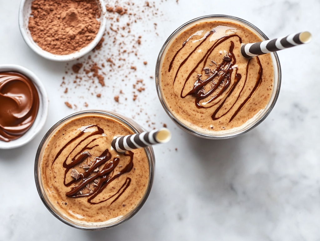 chocolate-peanut-butter-smoothie-in-tall-glasses-with-chocolate-drizzle-and-side-bowls