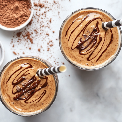 chocolate-peanut-butter-smoothie-in-tall-glasses-with-chocolate-drizzle-and-side-bowls