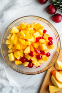 This image shows juicy pineapple chunks being chopped into small pieces and added to the fruit salad. The pineapple adds a tropical, tangy-sweet flavor to the mix.