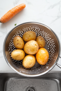This image shows freshly boiled potatoes, carrots, and eggs being drained and left to cool, making them easier to handle and chop.