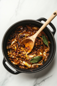 This image shows a thick masala base sizzling in a pan as spices like cumin, coriander, and chili powder cook down. The mixture darkens in color, releasing its full flavor potential.