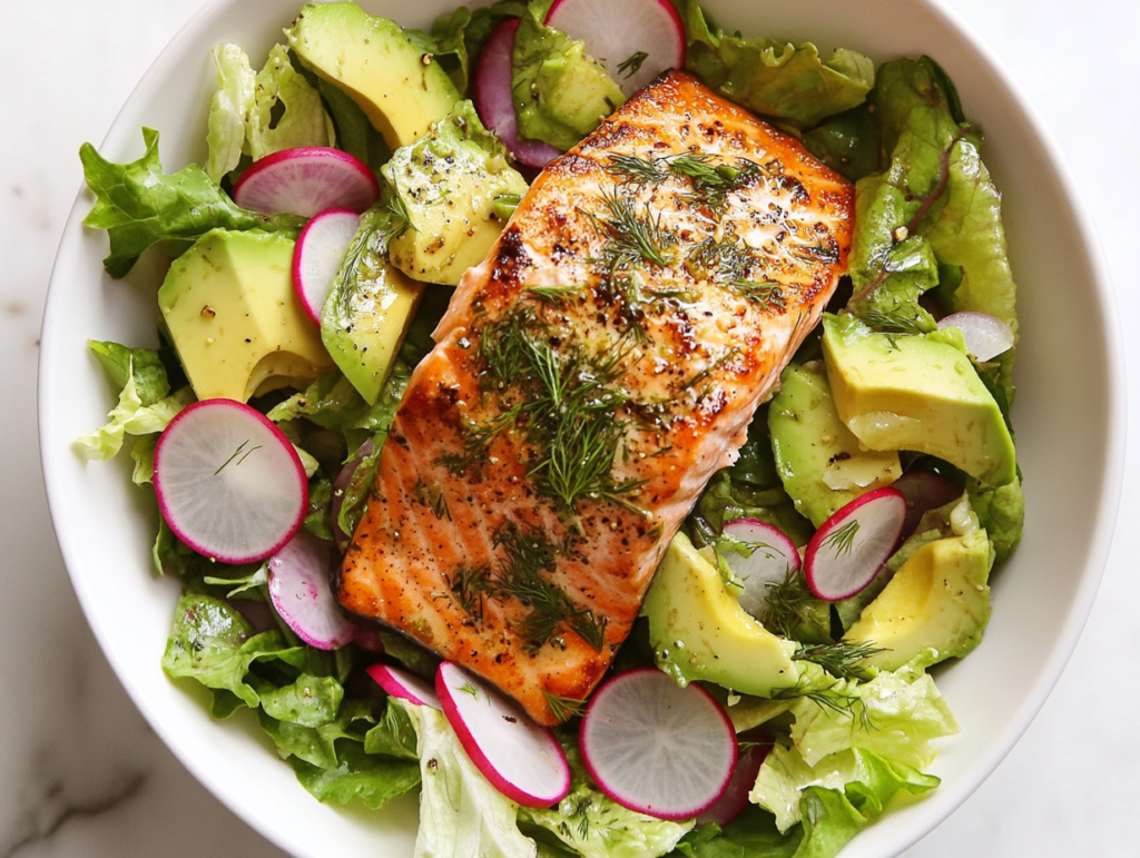 This image shows a vibrant avocado salmon salad served in a round white bowl, featuring half-mashed avocado, round-cut radishes, and a perfectly smoked salmon piece on top.