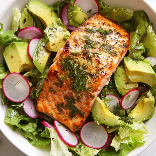 This image shows a vibrant avocado salmon salad served in a round white bowl, featuring half-mashed avocado, round-cut radishes, and a perfectly smoked salmon piece on top.