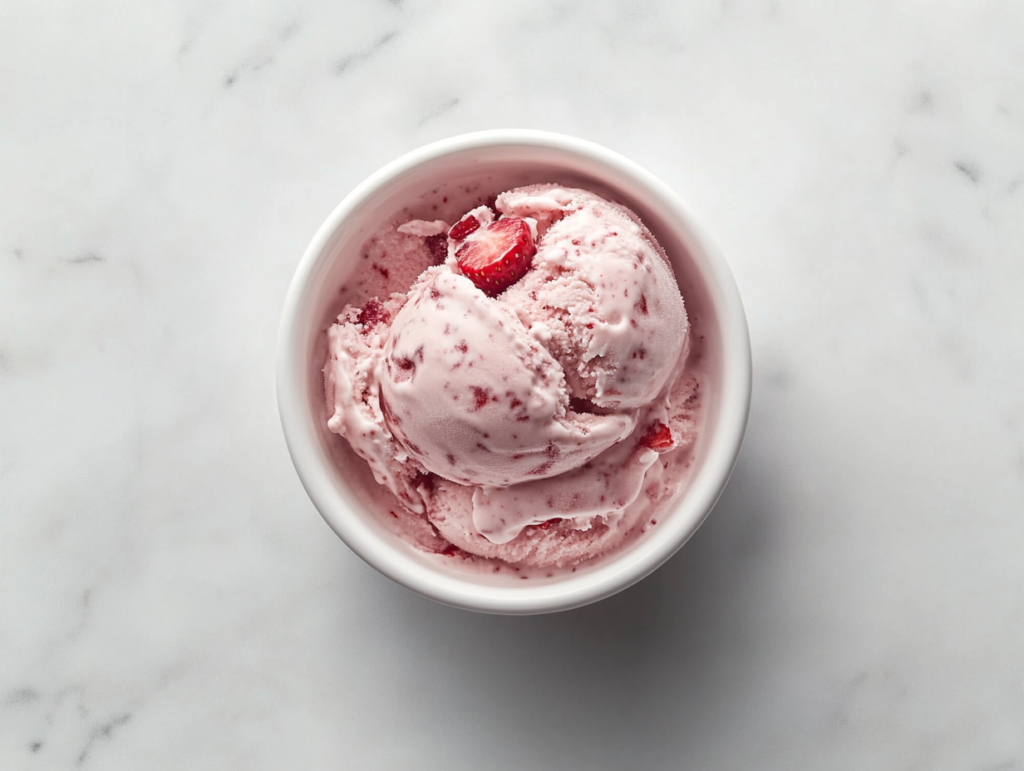 This image shows a scoop of creamy pink Strawberry Ice Cream served in a round white ceramic bowl, garnished with small pieces of fresh strawberries for a delightful presentation.