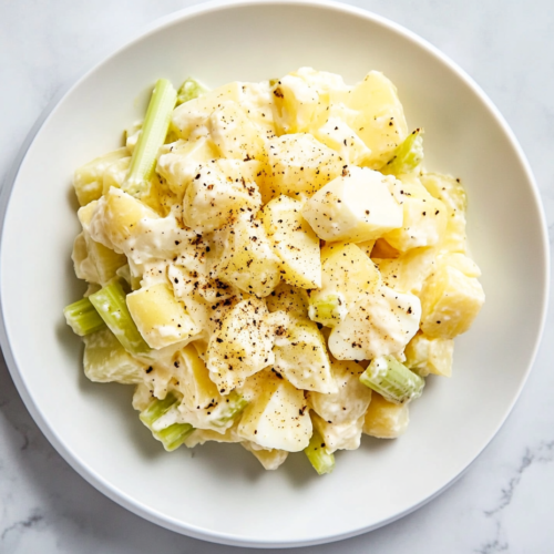 This image shows a bowl of No Onion Potato Salad, featuring tender potatoes, chopped eggs, crunchy celery, relish, and a creamy dressing made with mayonnaise, mustard, and seasonings.