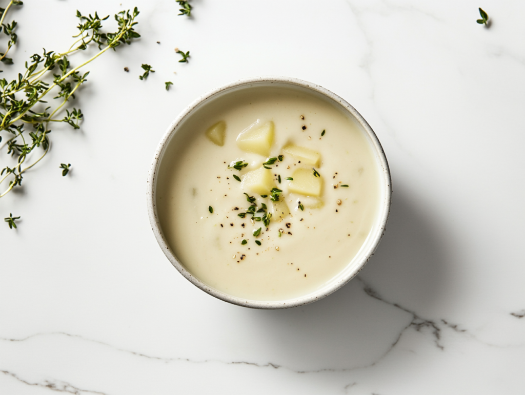A white bowl filled with creamy potato leek soup sits on a white marble countertop, showcasing its smooth texture and rich consistency.