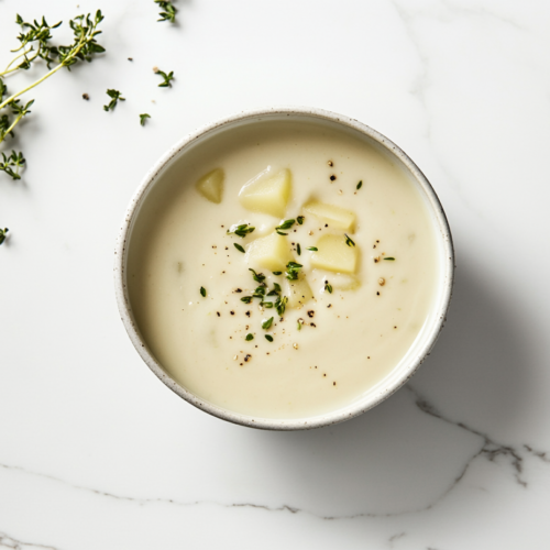 A white bowl filled with creamy potato leek soup sits on a white marble countertop, showcasing its smooth texture and rich consistency.