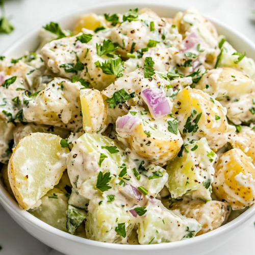 This image shows a plate of creamy potato salad with tender potatoes and red onions tossed in a rich mayonnaise dressing, served on a round white plate.