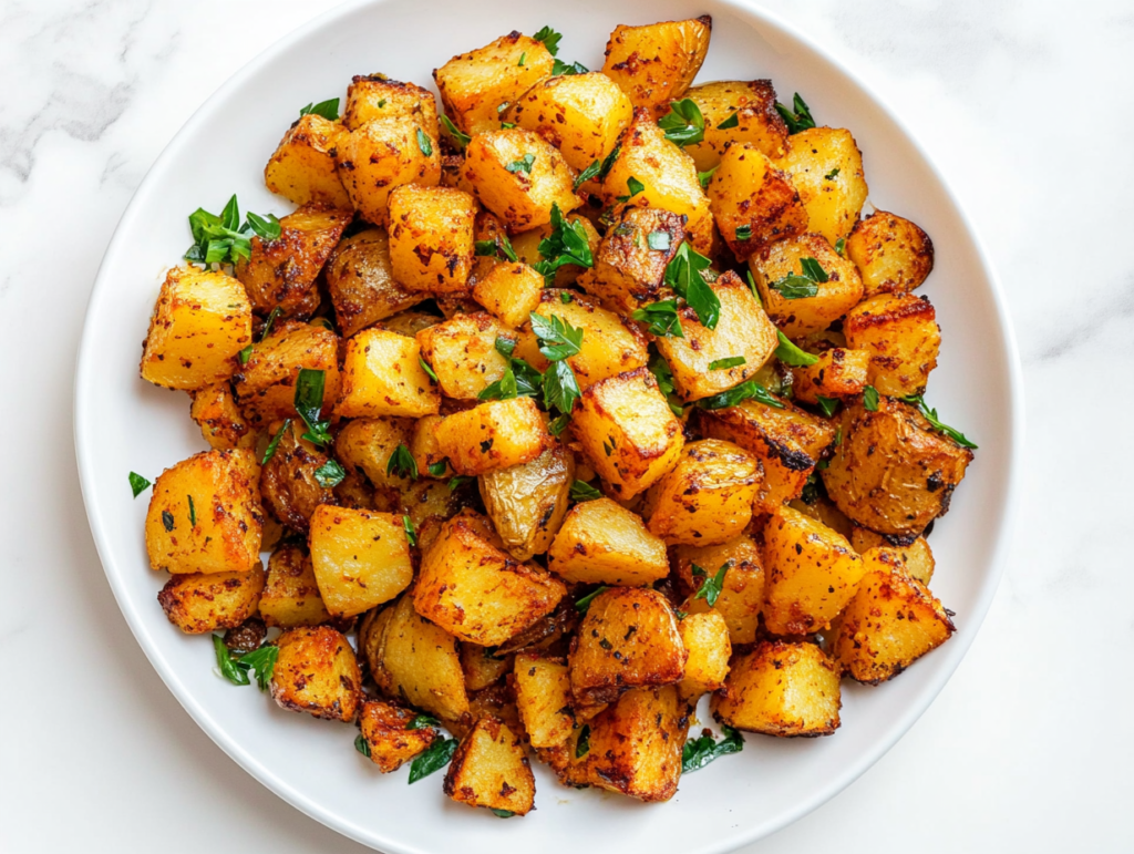This image shows a plate of crispy, golden-brown breakfast potatoes garnished with freshly chopped cilantro. The potatoes are perfectly fried to a crunchy texture with a soft interior, making for a delicious and savory morning dish.