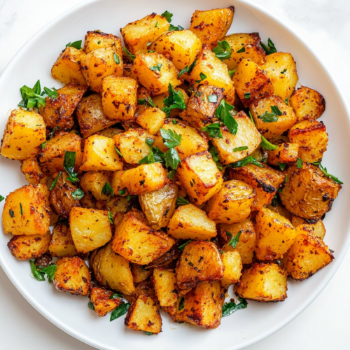 This image shows a plate of crispy, golden-brown breakfast potatoes garnished with freshly chopped cilantro. The potatoes are perfectly fried to a crunchy texture with a soft interior, making for a delicious and savory morning dish.