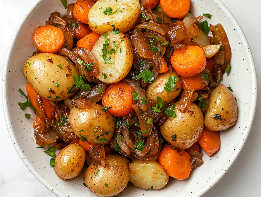 This image shows a plate of Instant Pot potatoes and carrots, sautéed with caramelized onions and garnished with freshly chopped cilantro, served on a white round plate.