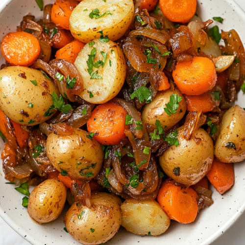 This image shows a plate of Instant Pot potatoes and carrots, sautéed with caramelized onions and garnished with freshly chopped cilantro, served on a white round plate.
