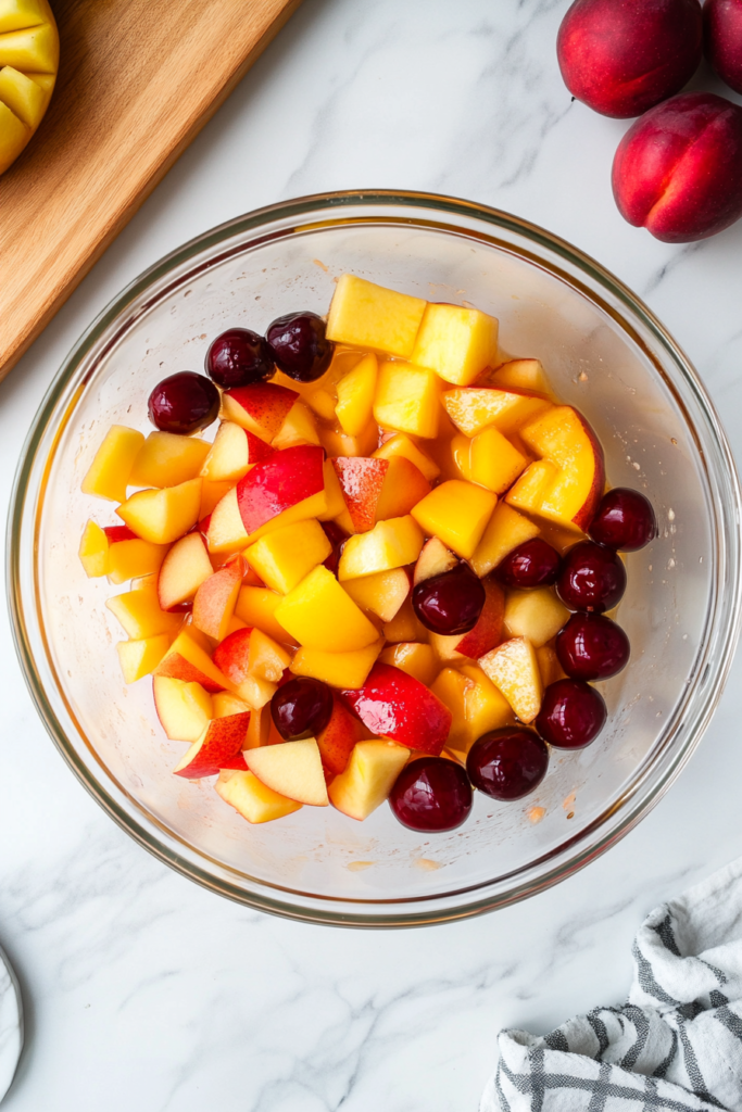 This image shows freshly cut apples being added to the fruit cocktail mixture. Their crisp texture and slight tartness balance the sweetness of the other fruits.