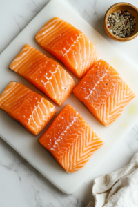 This image shows a fresh salmon fillet being generously seasoned with a flavorful mix of herbs and spices to enhance its taste.